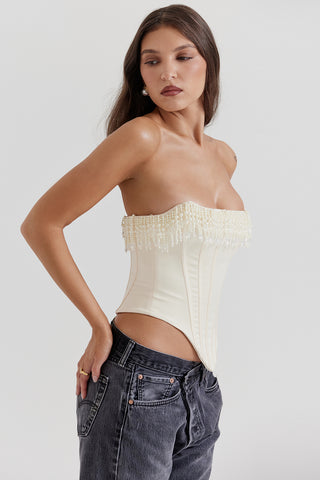 AUBRIE© | VINTAGE CREAM EMBELLISHED SATIN CORSET