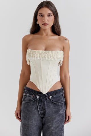 AUBRIE© | VINTAGE CREAM EMBELLISHED SATIN CORSET