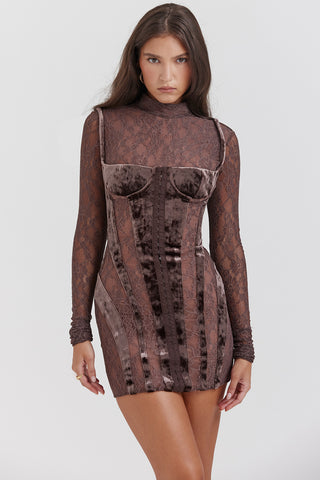 MARICA© | BROWN VELVET & LACE CORSET DRESS