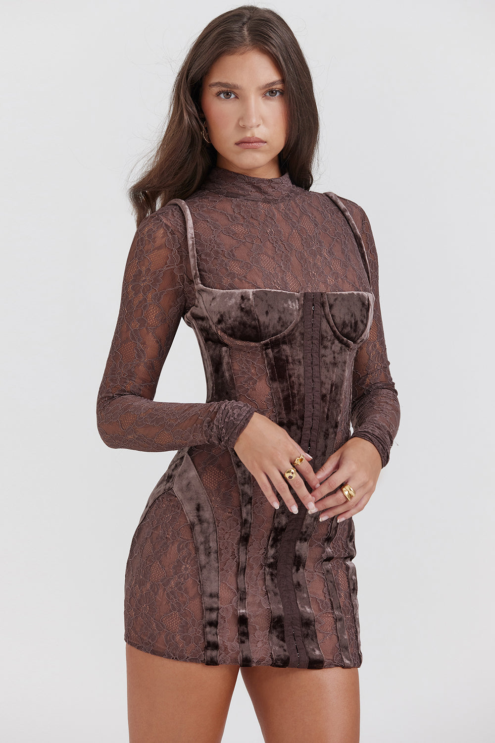 MARICA© | BROWN VELVET & LACE CORSET DRESS